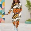Women Plus Size Round Neck Long Sleeve Bee Pumpkin Printed Top And Fitted Pants Two Piece Set