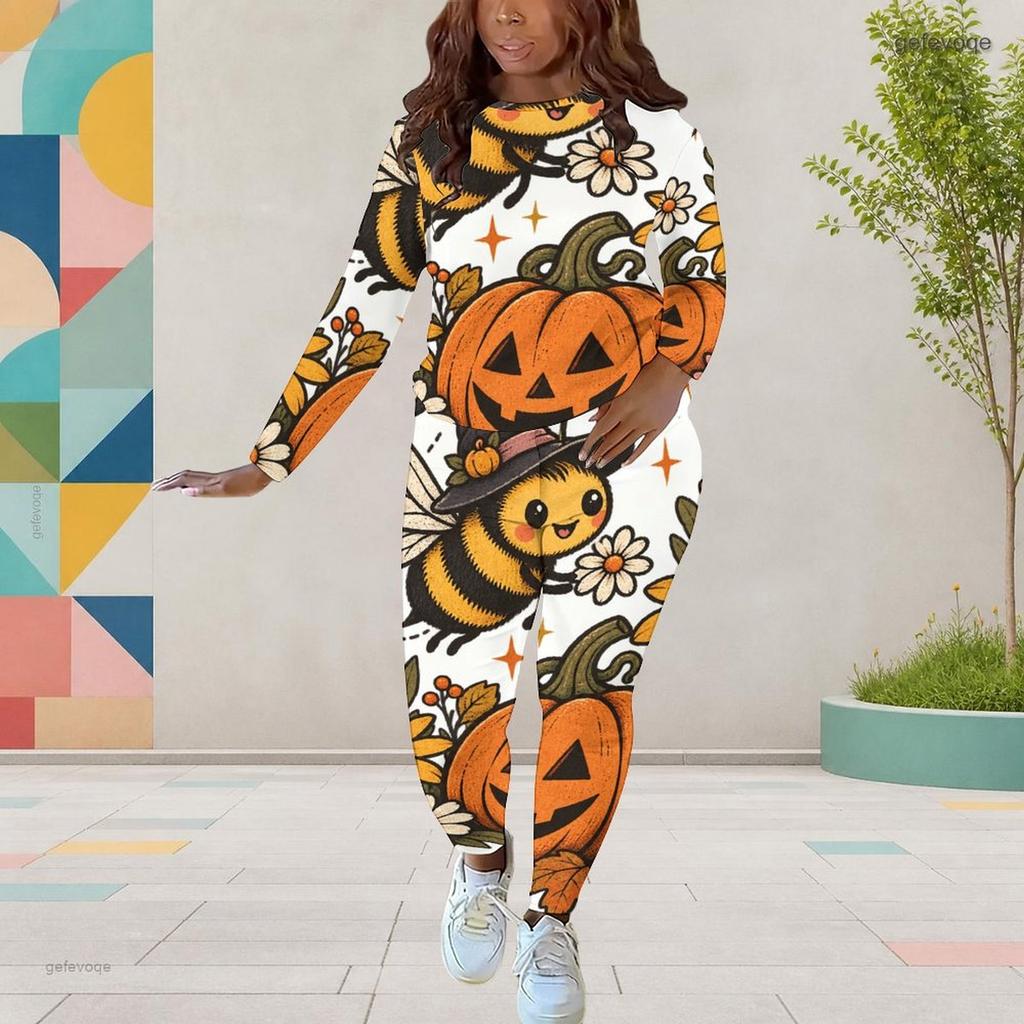 Women Plus Size Round Neck Long Sleeve Bee Pumpkin Printed Top And Fitted Pants Two Piece Set