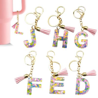 Colorful Acrylic Initial Keychain with Pink Tassels Decor Letter Cup Pendant Keyring Water Bottle Decoration Birthday Gift