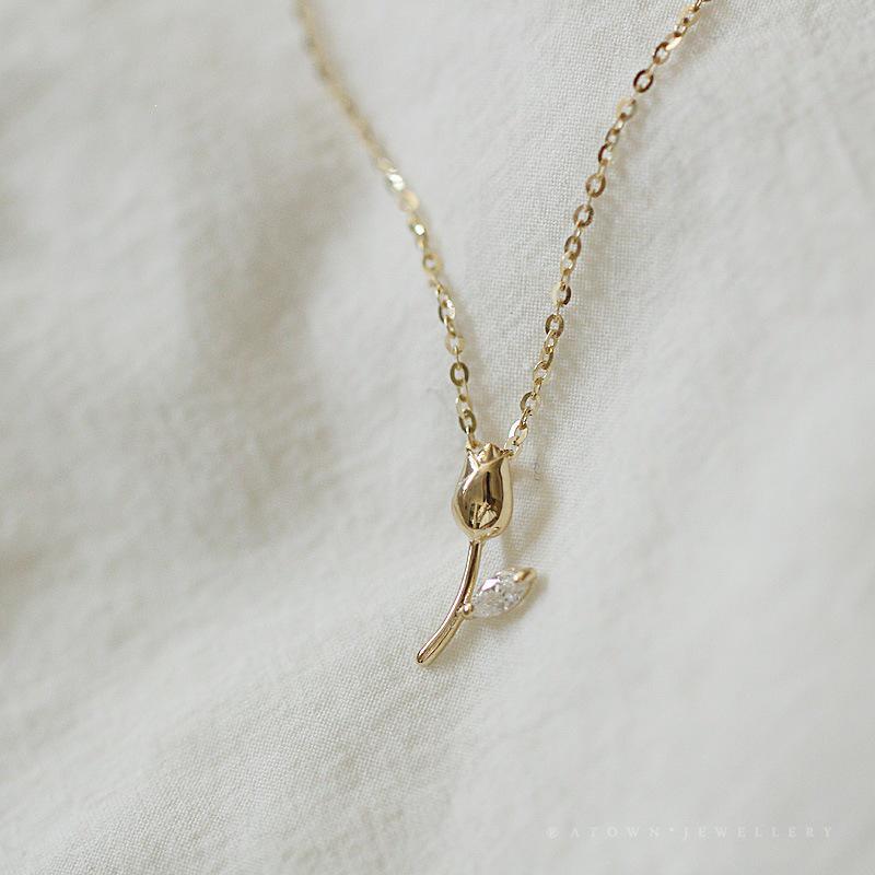 14K Gold-Plated S925 Sterling Silver Tulip Pendant Necklace for Women Platinum Color