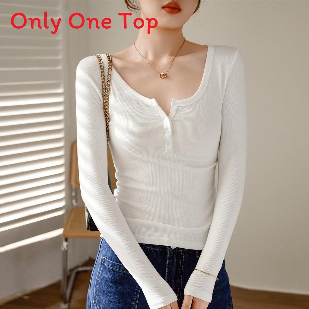 T Shirt Women Long Sleeve Slim Fit Pure Cotton Ribbed Fabric For Autumn Winter Style