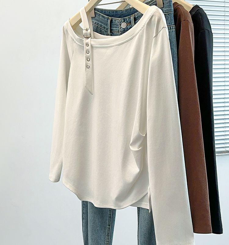 Plus Size Irregular One-Shoulder Long-Sleeve T-Shirt - Women's New Loose Slimming Top for Spring and Autumn