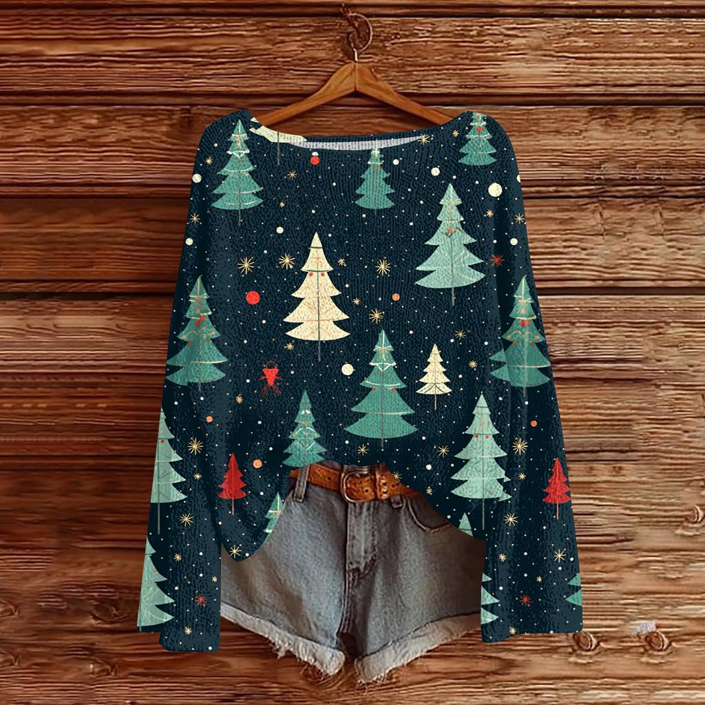 Women's Fashionable Oversized Knitwear Long-Sleeved Christmas Print Top