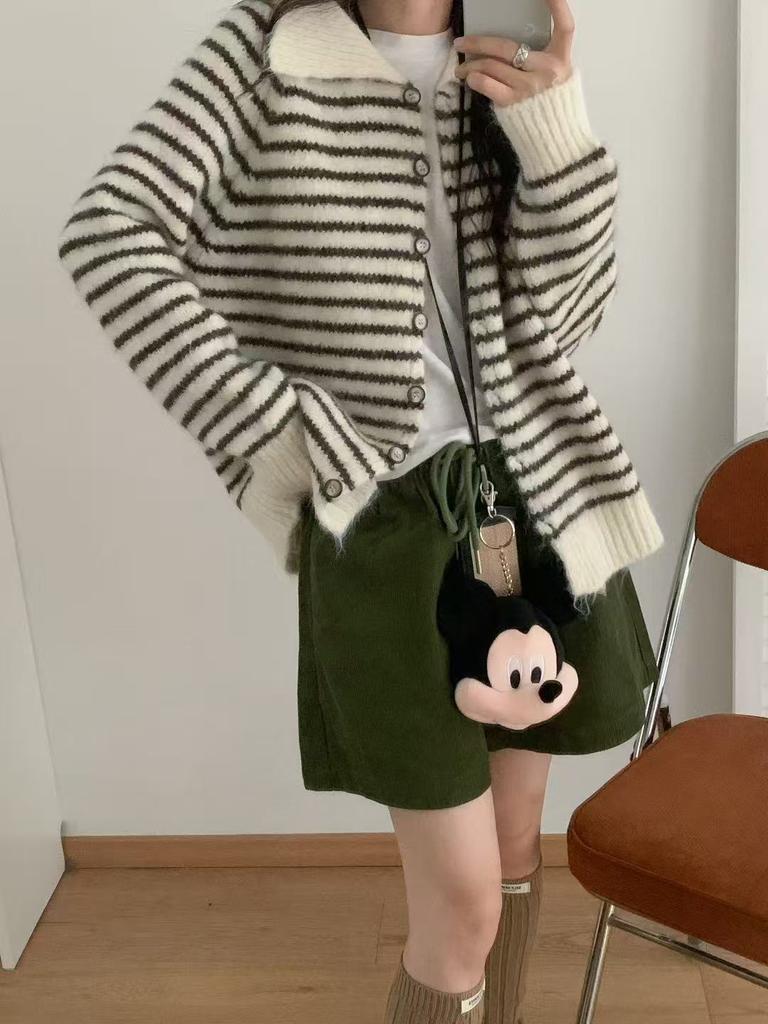 Striped lapel knitted cardigan women's clothing autumn and winter new loose casual gentle wind sweater jacket women