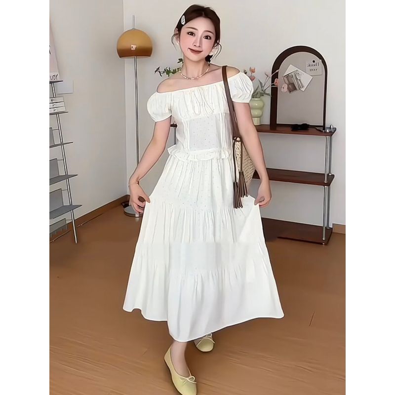 Plus-Size Women's Clothing for Fat Girls, Korean Style Puff-Sleeved Top + Half-Length Polka-Dot Skirt, 2026 Summer Elegant Slimming Two-Piece Set
