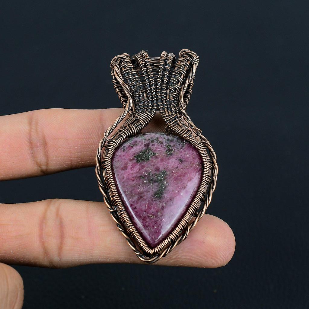 Rhodonite Gemstone Handmade Pure Copper Wire Wrap Jewelry Pendant For Her