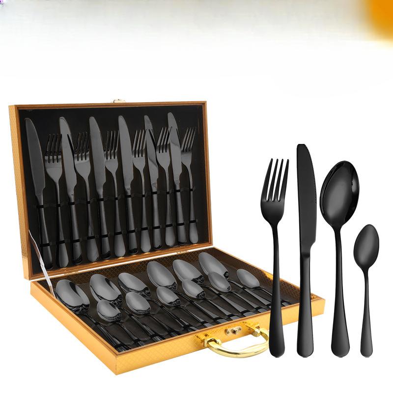 1010 Edelstahl Besteck Goldene Holzkiste 24-teilig Westliches Messer Gabel und Löffel Vier Haupt Steakmesser