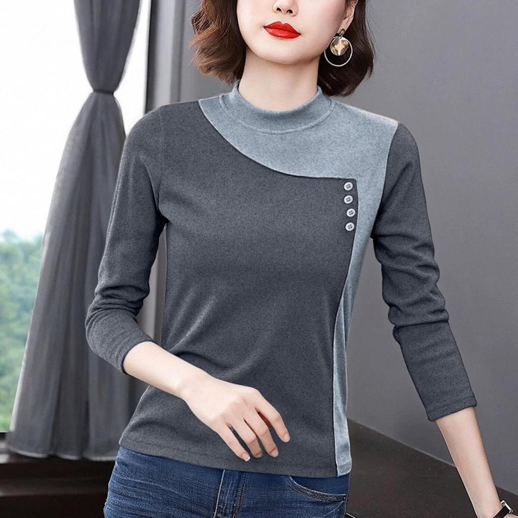 Women's Slim Thermal Patchwork Fleece T-Shirt for Autumn/Winter