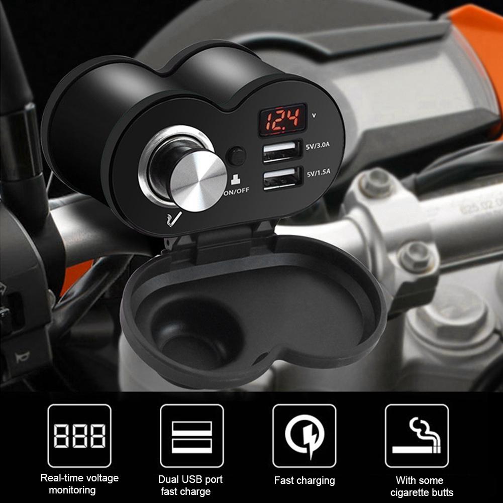 Motorcycle Dual USB MultiFunction Phone Charger with Voltmeter and Cigarette Lighter (Black)
