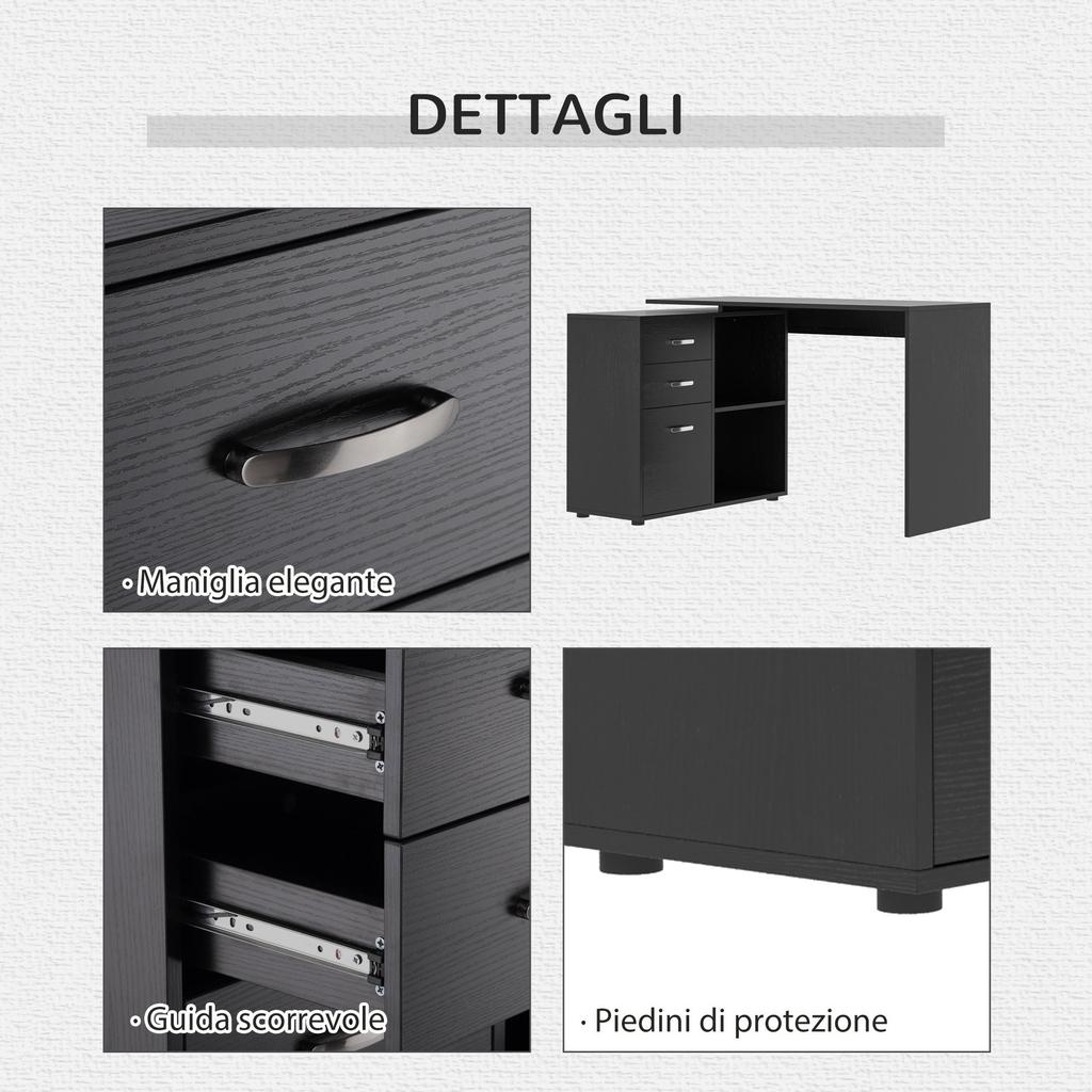 Corner PC Desk with 2 Drawers and Open Shelves, L-Shaped Corner Desk In Wood and Metal, 117x83.5x76 Cm, Black