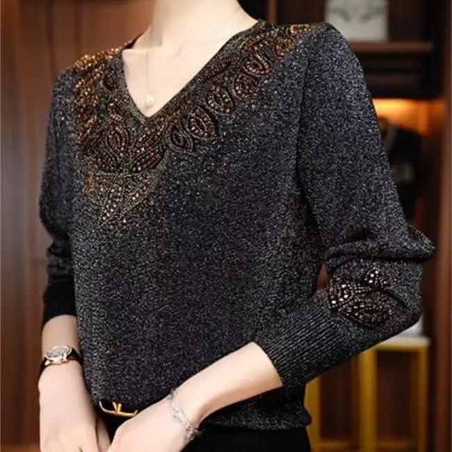 Women Spring and Autumn Knitted Sweater Long-sleeved Temperament Knitted Loose Base Top