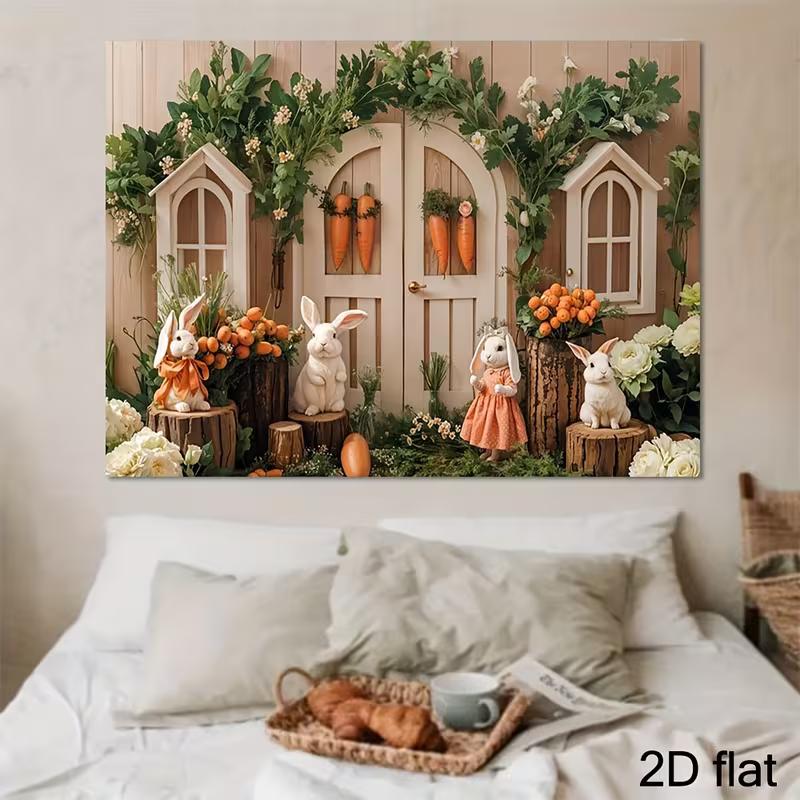 2D Spring Rabbit Backdrop - Natural Greenery Woodland Door Photography Background for Easter Events