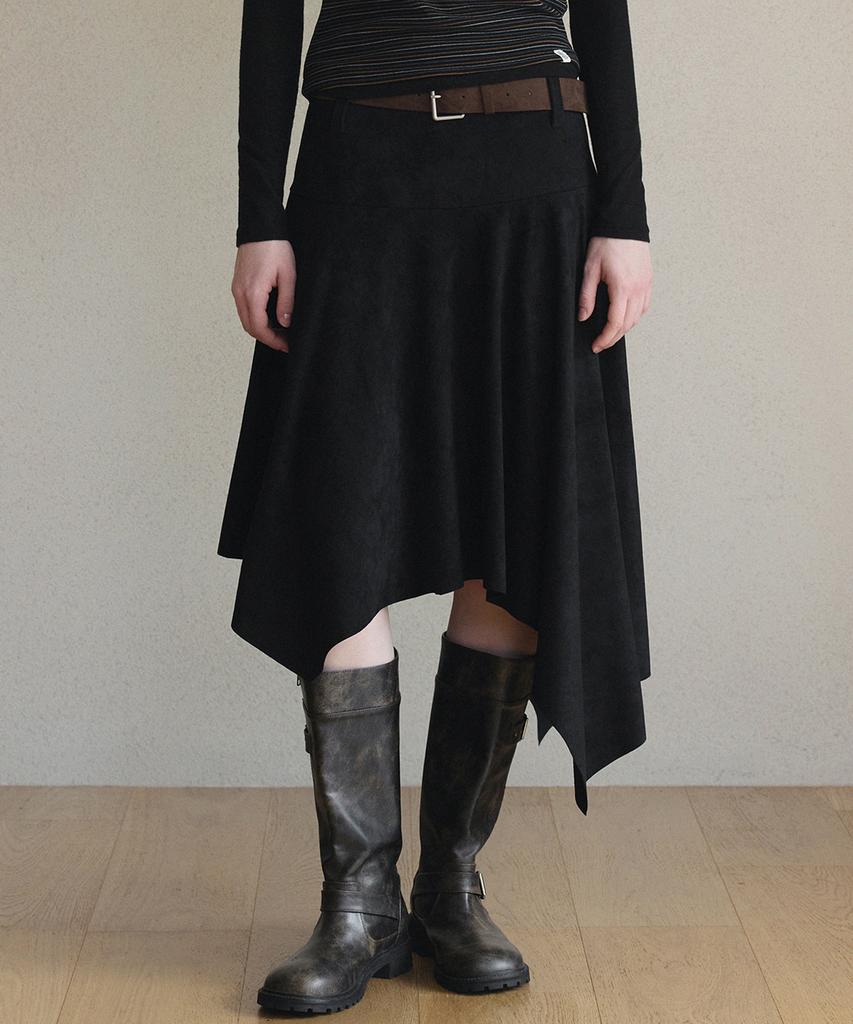 Teuwi Arden Asymmetrical Suede Midi Skirt (Belt Set)