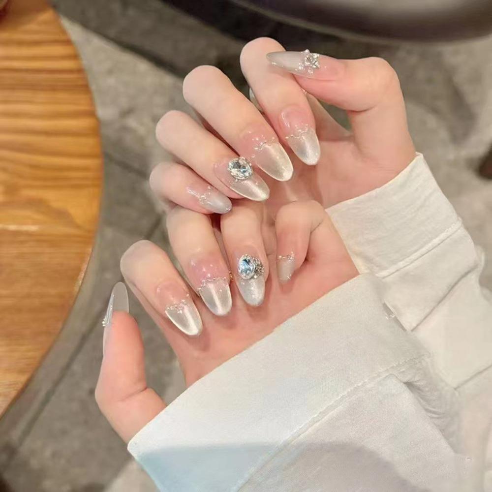 30pcs Long Almond Stiletto False Nails Cat Eye Silver Wavy Sparkling Rhinestone Fake Nails Purple Love Heart Detachable