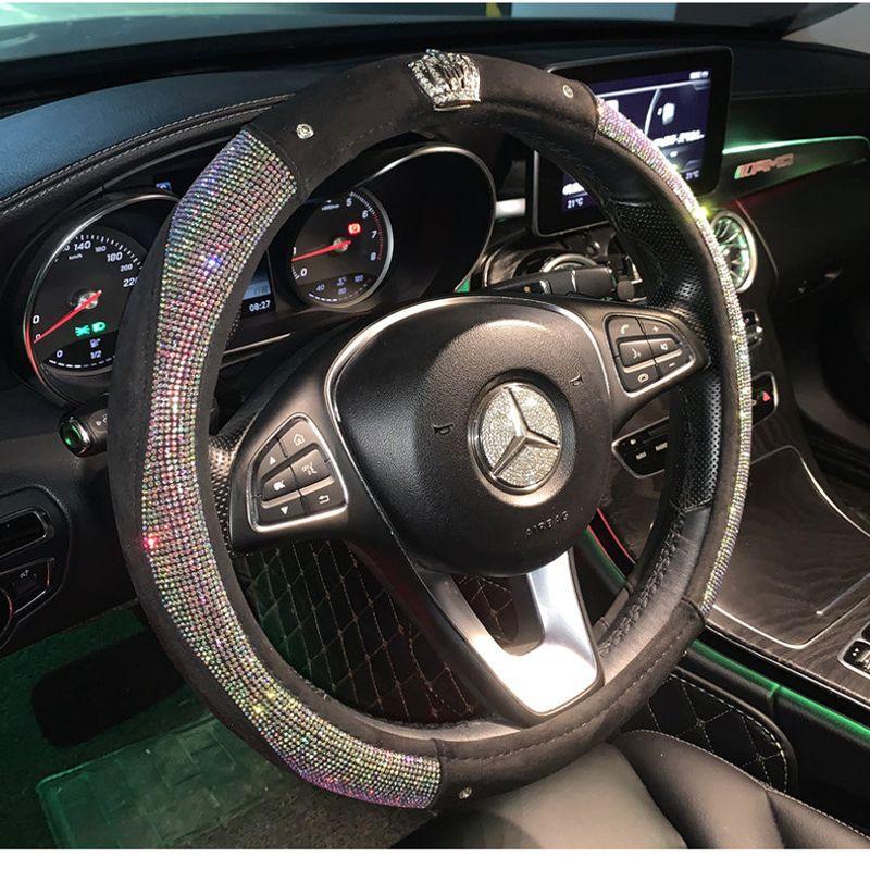

Faux Suede Car Steering Wheel Cover with Rhinestones for Winter, Non-Slip Protective Cover for Women, High-End Feel, Suitable for All Seasons Black Crown Colored Diamond [Round]
