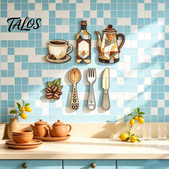 Kitchen Wall Decor 7Pcs Farmhouse Coffee Themed Wooden Decor, 2D Flat Art Theme Plaques, Retro Rustic Ornaments for Home Dining Room Cafe Decoration