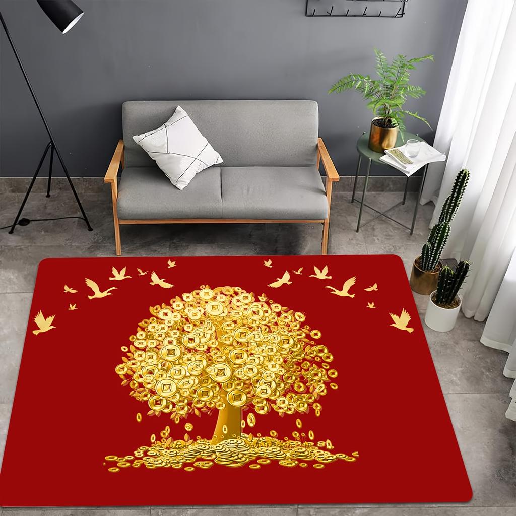 Gold Coin Tree Carpet - Lucky and Prosperous Design for Living Room, Bedroom, and Home Decor - Perfect for New Year Celebrations