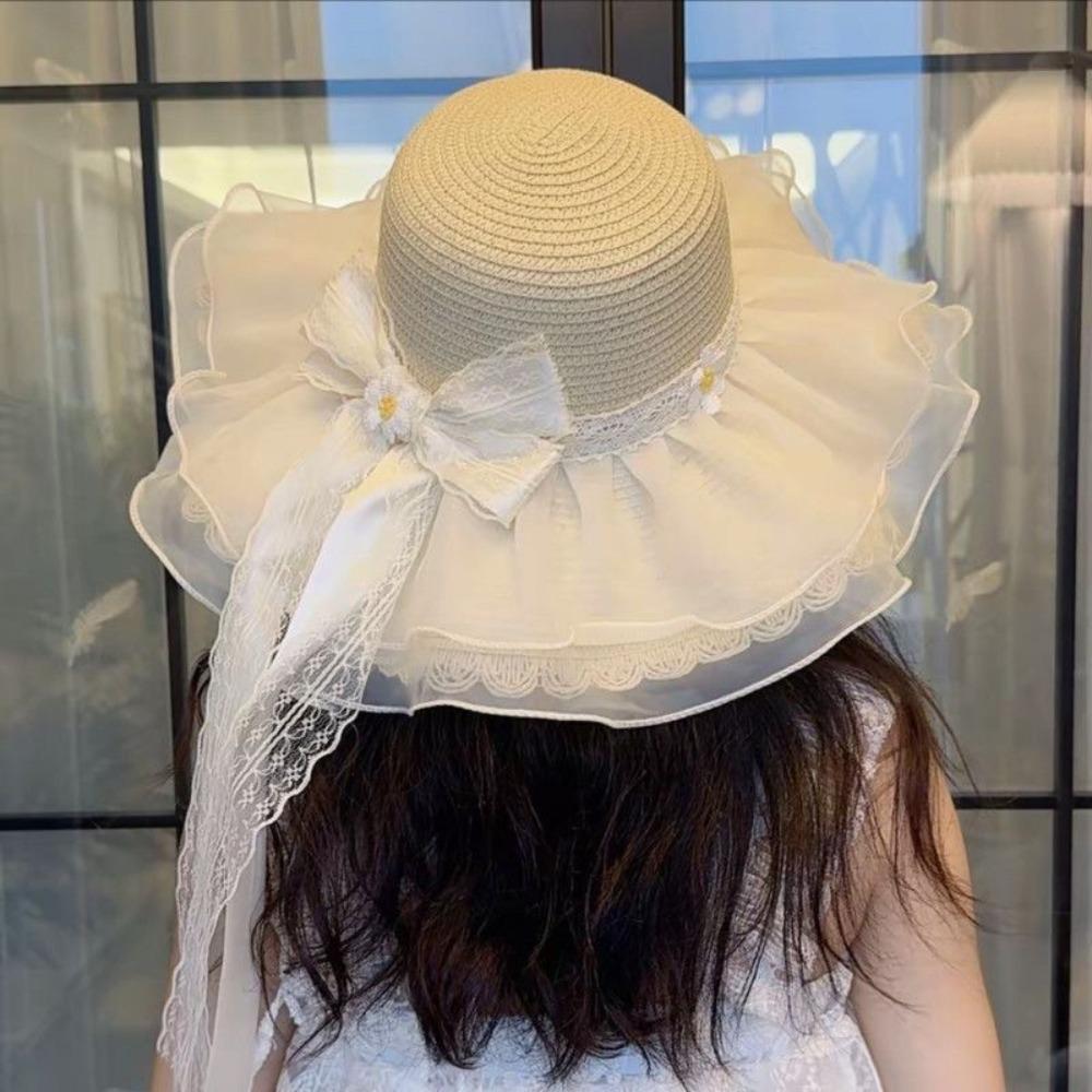 Fashion Lace Bow Sun Hat Adjustable Lace Ruffle Wide Brim Hat Breathable Straw Fisherman Cap Sun Protection