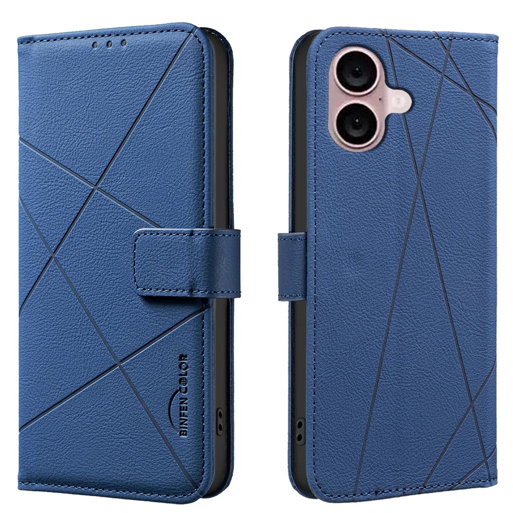 For iPhone 16 Plus Case BINFEN COLOR BF35 Geometry Imprinted Leather Phone Cover RFID Blocking Wallet Stand