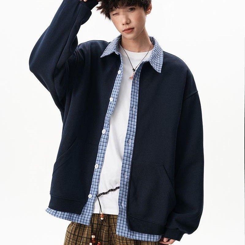 Men s Trendy American-Style Patchwork Lapel Two-Piece Cardigan Hoodie: Versatile Autumn Casual Jacket 4XL