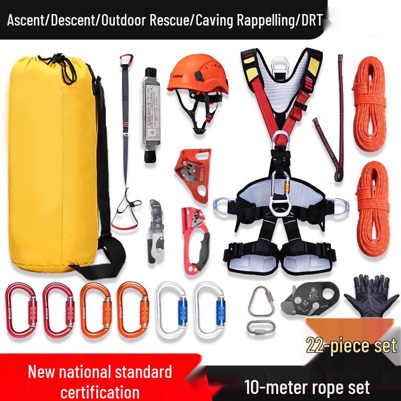 Outdoor Climbing & Rescue Rope Kit with Safety Harness and Descender