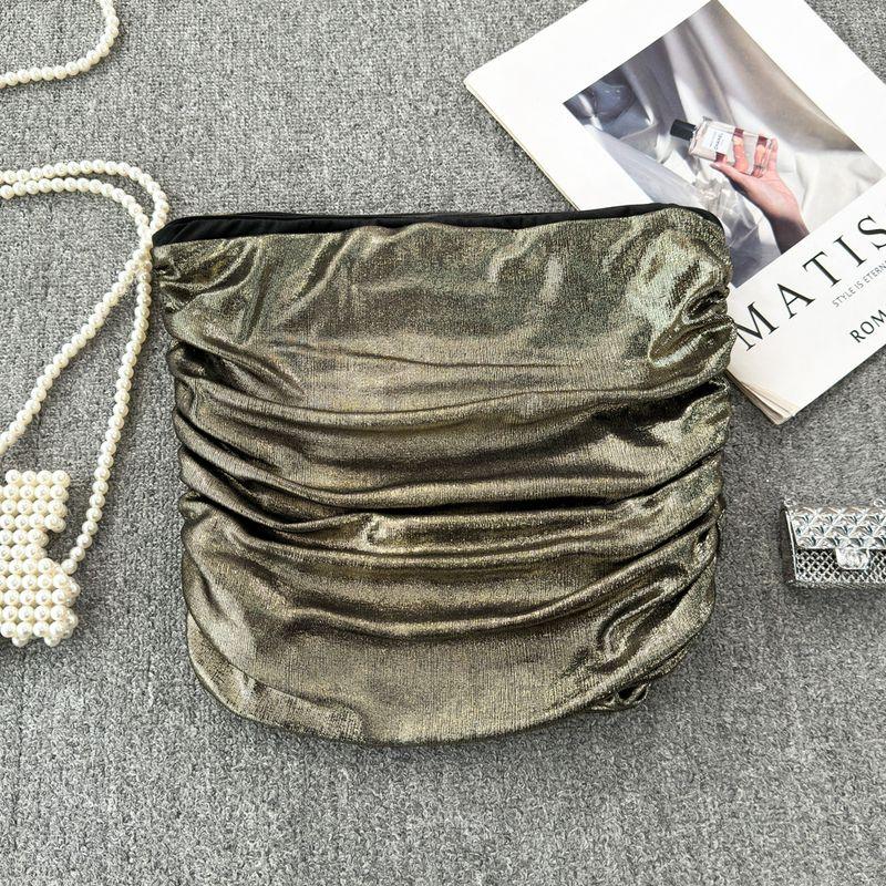 

Fashion Sexy Fried Street Sexy Tube Top Ruched Silm Shining Metal Vest for Women Outwear Western Style Top Gold All yards