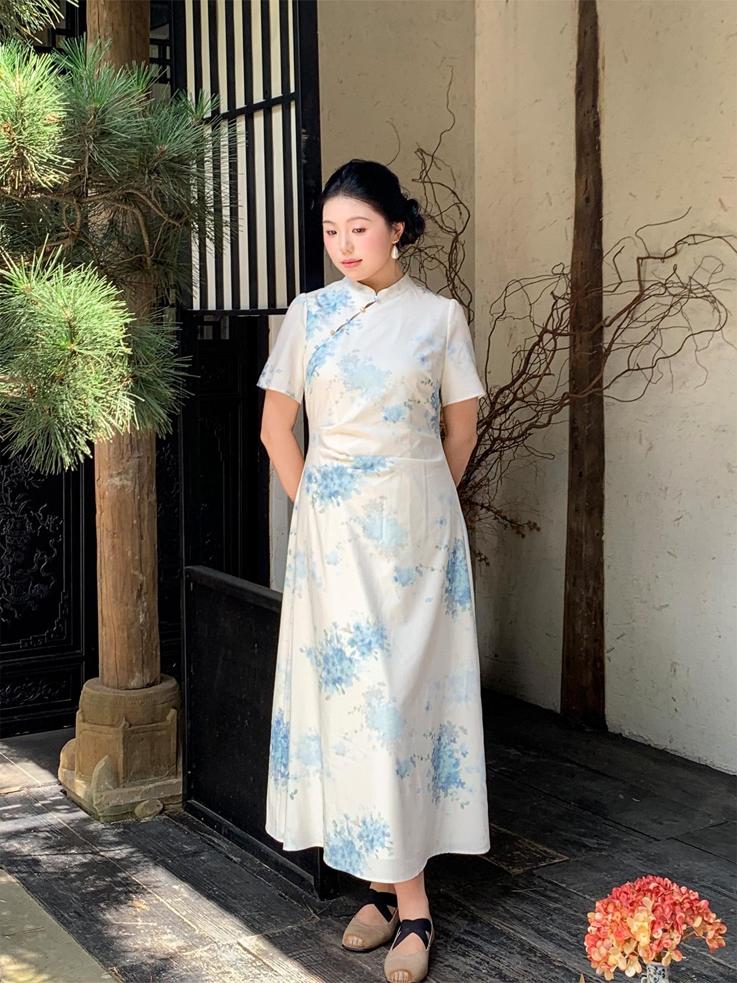 National style new Chinese style improved printed skirt women s summer new Yanyu Jiangnan temperament large size cheongsam m( 52.5-57.5kg )