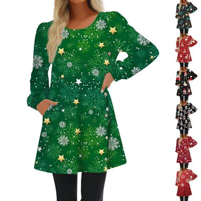 Fashion Women Round Neck Christmas Printing Button Long Sleeve Casual Loose Dress