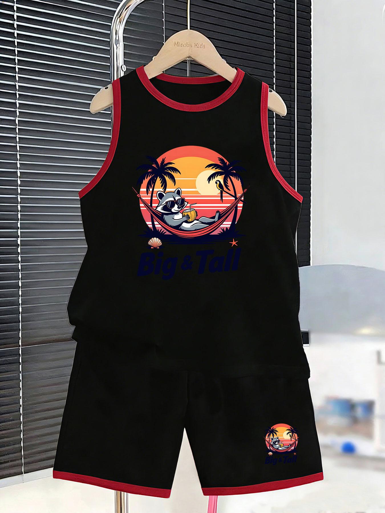 

Boys vacation raccoon printed outfit with hammock design. Relaxed summer style, soft breathable fabric for beach trips and daily wear. 2-3Y