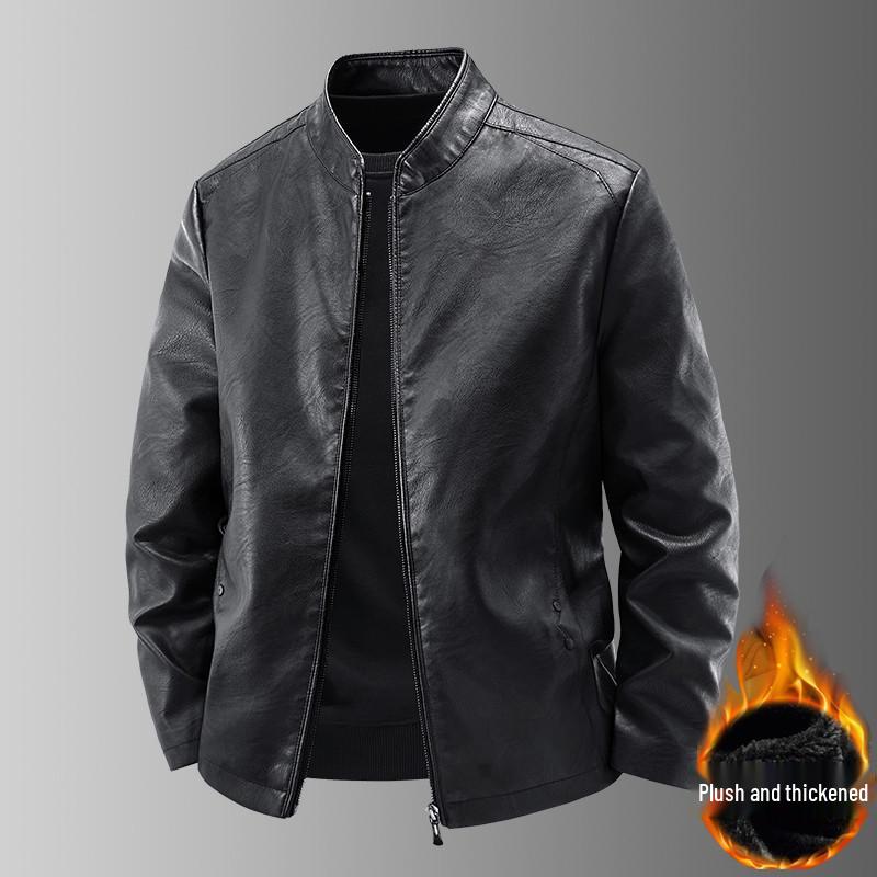 Men's Slim Fit Genuine Leather Jacket with Stand Collar and Velvet Lining - Casual Motorcycle Outerwear