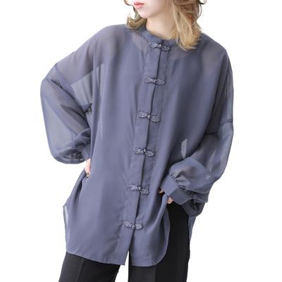 Oshare Walker Durchsichtiges Chinesisches Lang Chinesischer Mao Puff Voluminös Pastell tfn0383 n'OrLABEL Bluse, Damenoberteil, Ärmel, Knöpfe, Kragen, Stehkragen,