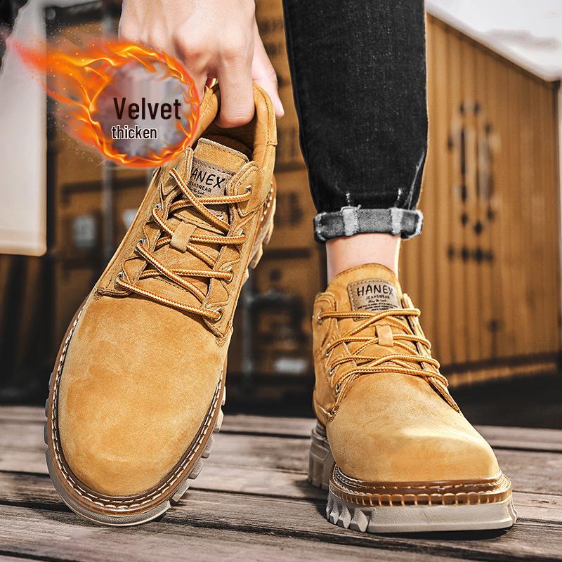 Men's Genuine Leather Outdoor Short Boots, Warm Plus Velvet, Autumn Winter Workwear, Yellow Martin Design.