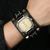 Retro Punk Hip-Hop Style Men'S Quartz Watch - Rivet Cowhide Leather Strap, Adjustable Hand-Stitched