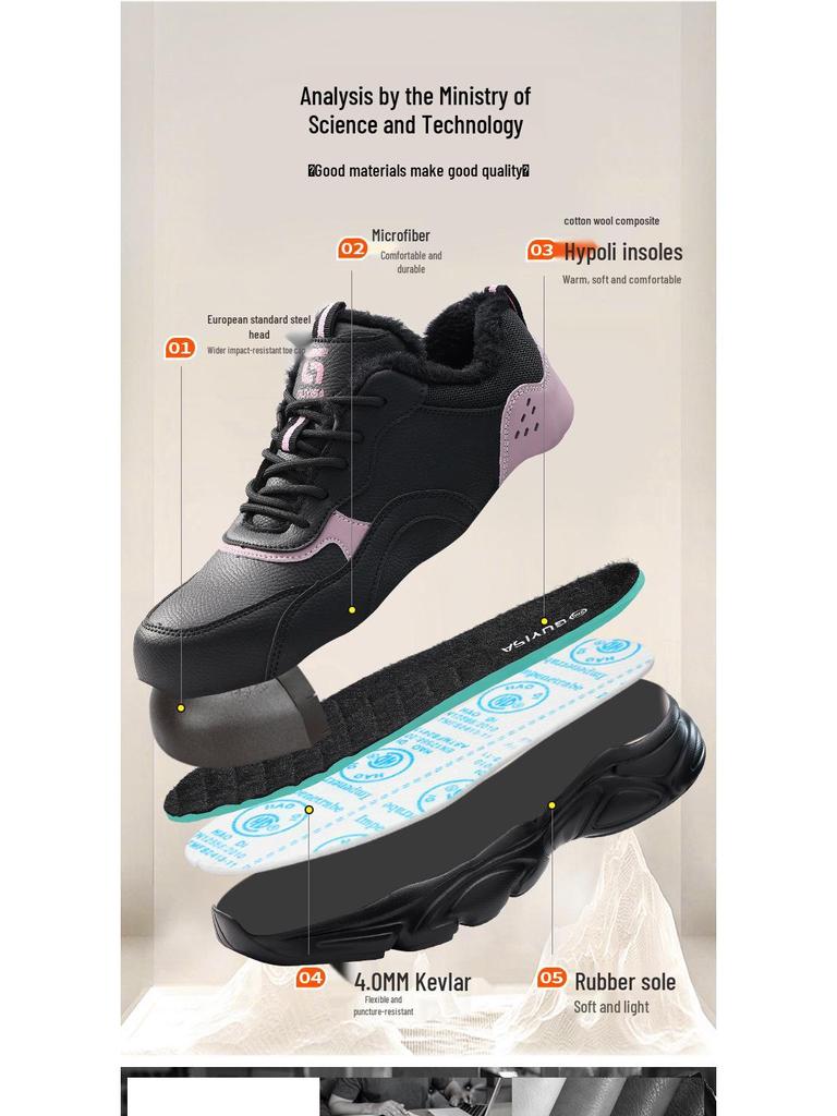 Zimowe buty robocze damskie: Anty-zmiażdżeniowe, Anty-przebiciowe, Wyściełane aksamitem, Odporne na ścieranie, Wygodne Buty Bezpieczeństwa na Place Budowy