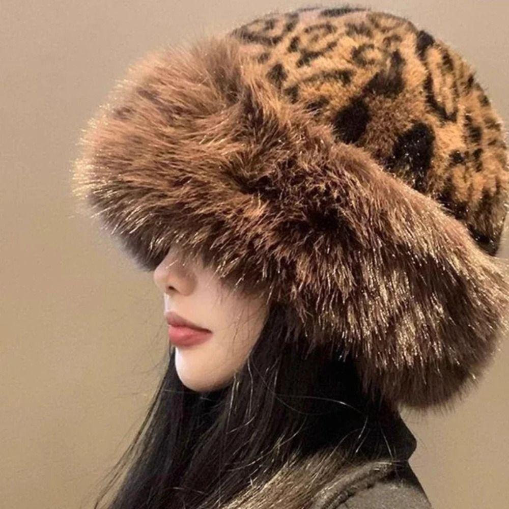 Korean Style Leopard Print Plush Mongolian Hat Brimless Plush  Bucket Hat  Autumn and Winter