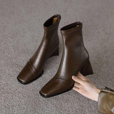 Autumn and Winter Solid Color Rear Zipper Medium Boots Women's Versatile High Heel Large Size Women's Boots Beef Tendon Sole New Square Martin Boots