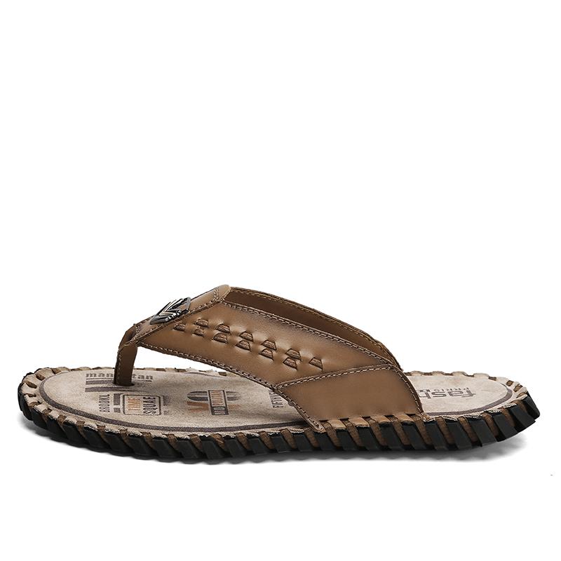 Fashion Golden Sapling Beach Flip Flops Summer Men's Shoes Genuine Leather Flats Retro Men Slippers Fashion Outdoor Slides Casual Shoe