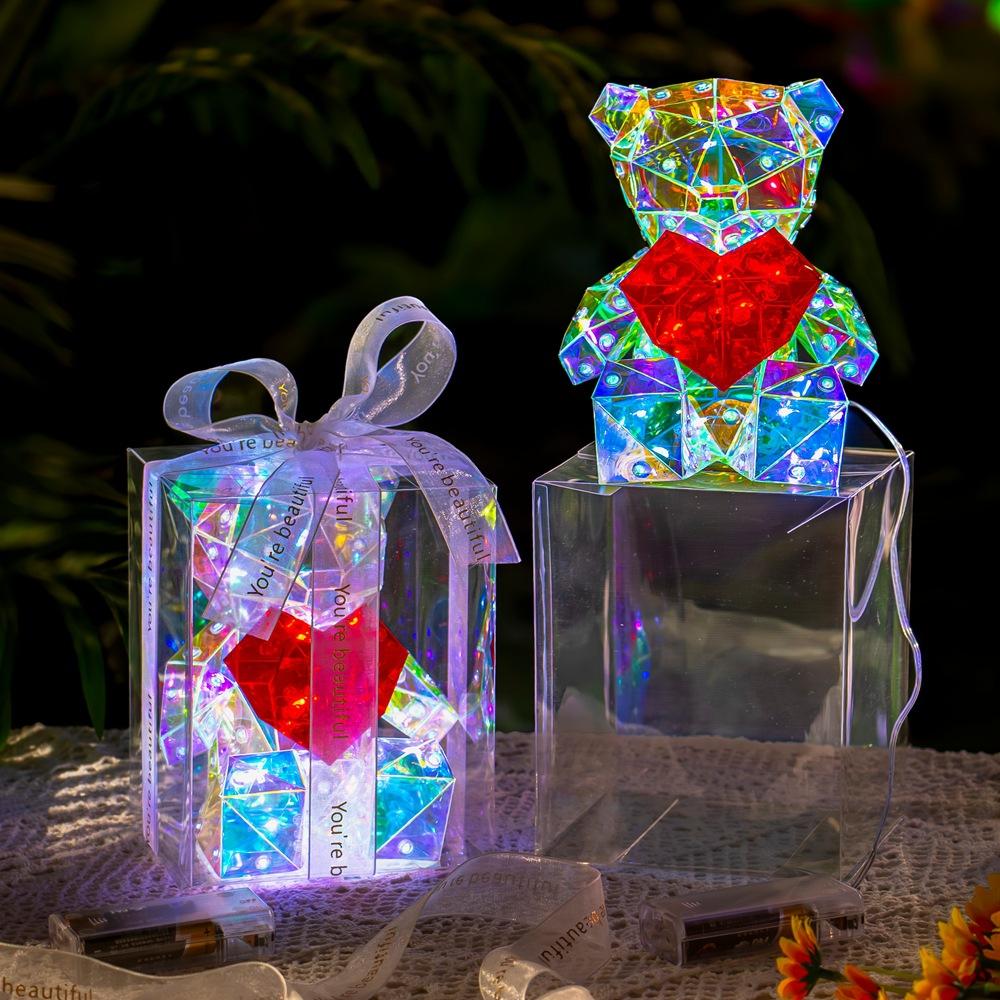 Colorful Heart hugging Bear Glowing Gift, Confession Gift, Gift Box for Girls, Birthday Proposal, Wedding Decoration Craft