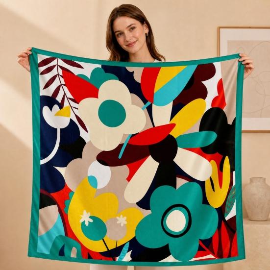 yangyizhi Large Square Headscarf, Simulated Silk Satin Fabric Scarf, Vibrant Floral Print Neck Multi-Purpose Turban Scarf Shawl Hair Tie