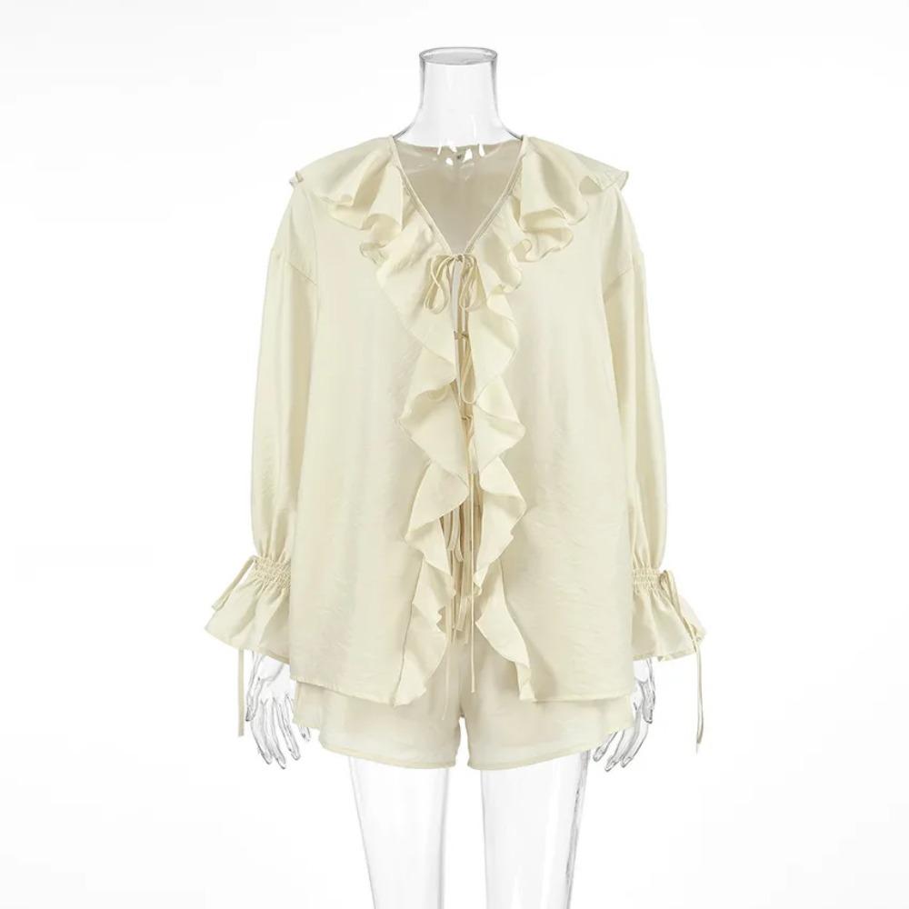 VAYLA New Casual Shorts Two-piece Set Women's Ruffled Loose Tie Top Simple Shorts Set Office Lady Female Shorts Set