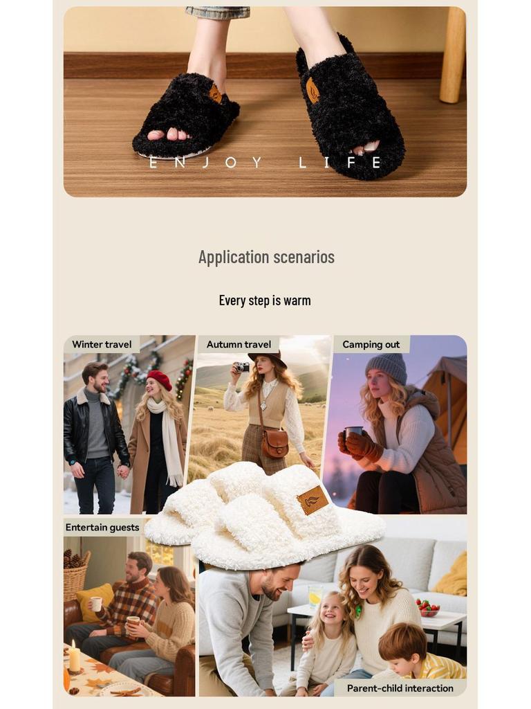 Open-Toe Fuzzy Slippers - Japanese Style, Non-Slip Indoor Cotton, Four Seasons Plush Comfort