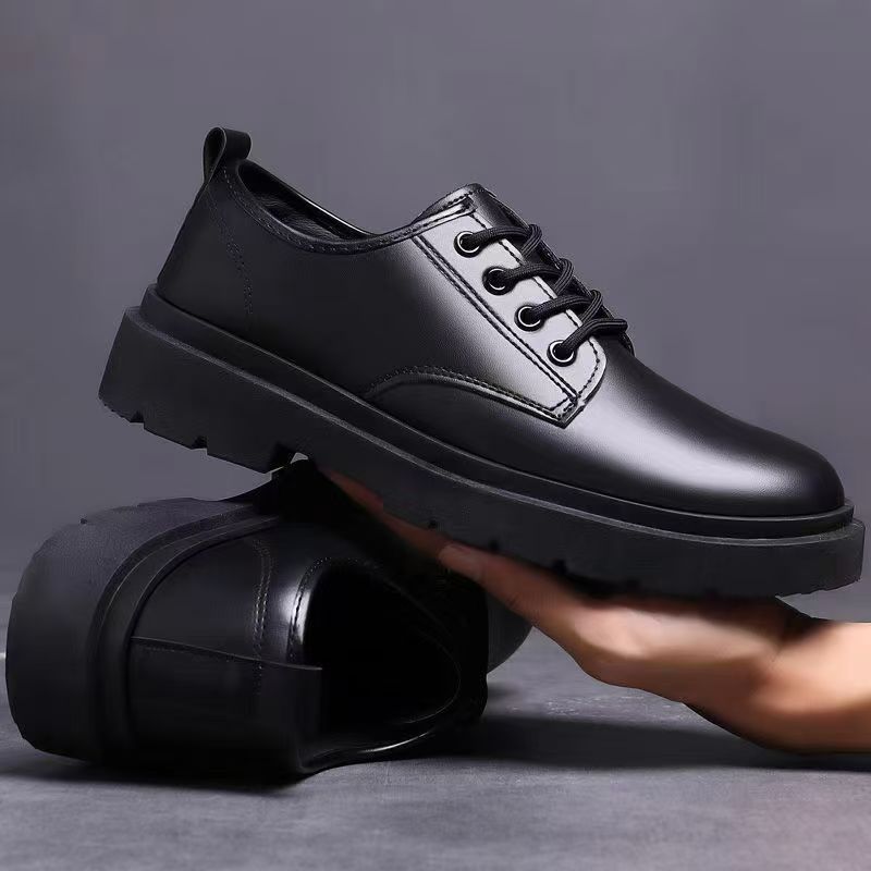 Men's Leather Shoes Simple Casual British Style Workwear Men's Shoes Thick Soles Trendy Versatile Lace-up Business Shoes
