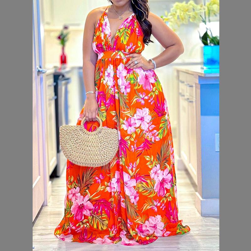 Spring and Summer Fashion Temperament V-neck Suspender Printed Beach Long Skirt Sexy Fashion Casual Women's Dress