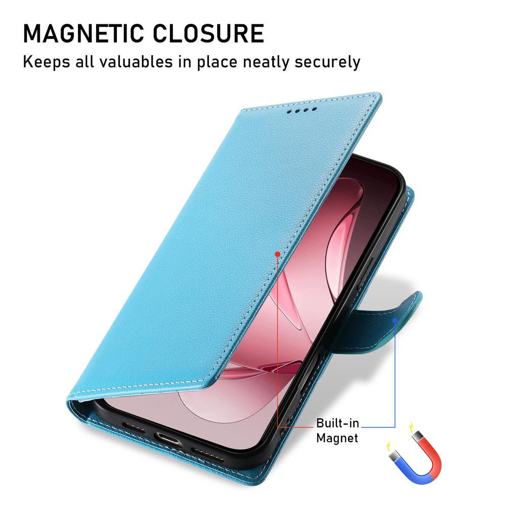 For Oppo Reno14 F 5G Case Magnetic Snap Litchi Texture Leather Wallet Phone Cover with Wrist Strap