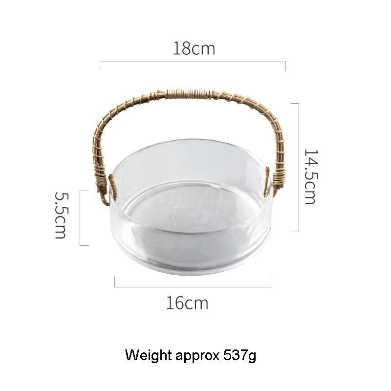 

Simple Bamboo Woven Glass Fruit Plate Personalized Round Snack Dessert Basket with Handle In Living Room