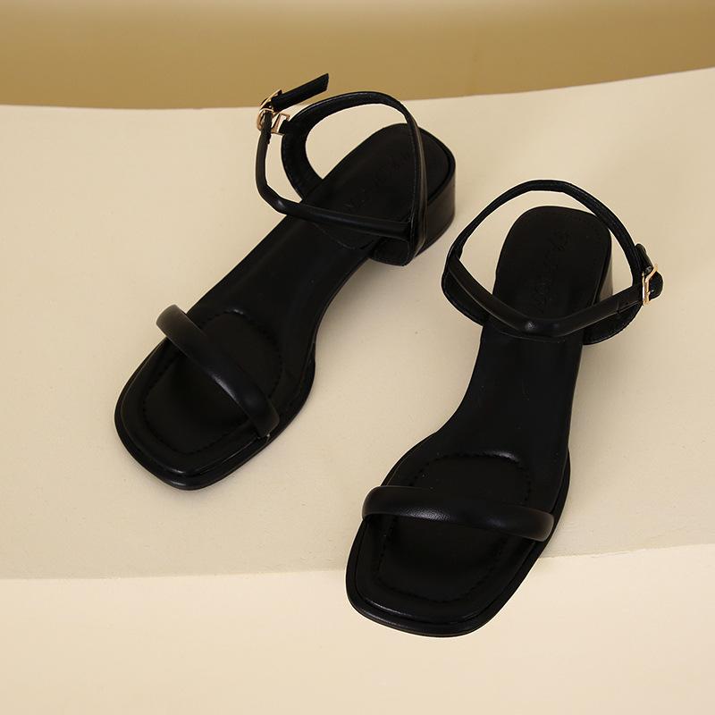 

Красивые женские туфли на высоком каблуке 2025 лето новинка высокий класс черный средний каблук с ремешком на щиколотке сандалии с открытым носком на толстом каблуке для женщин 35 чёрный