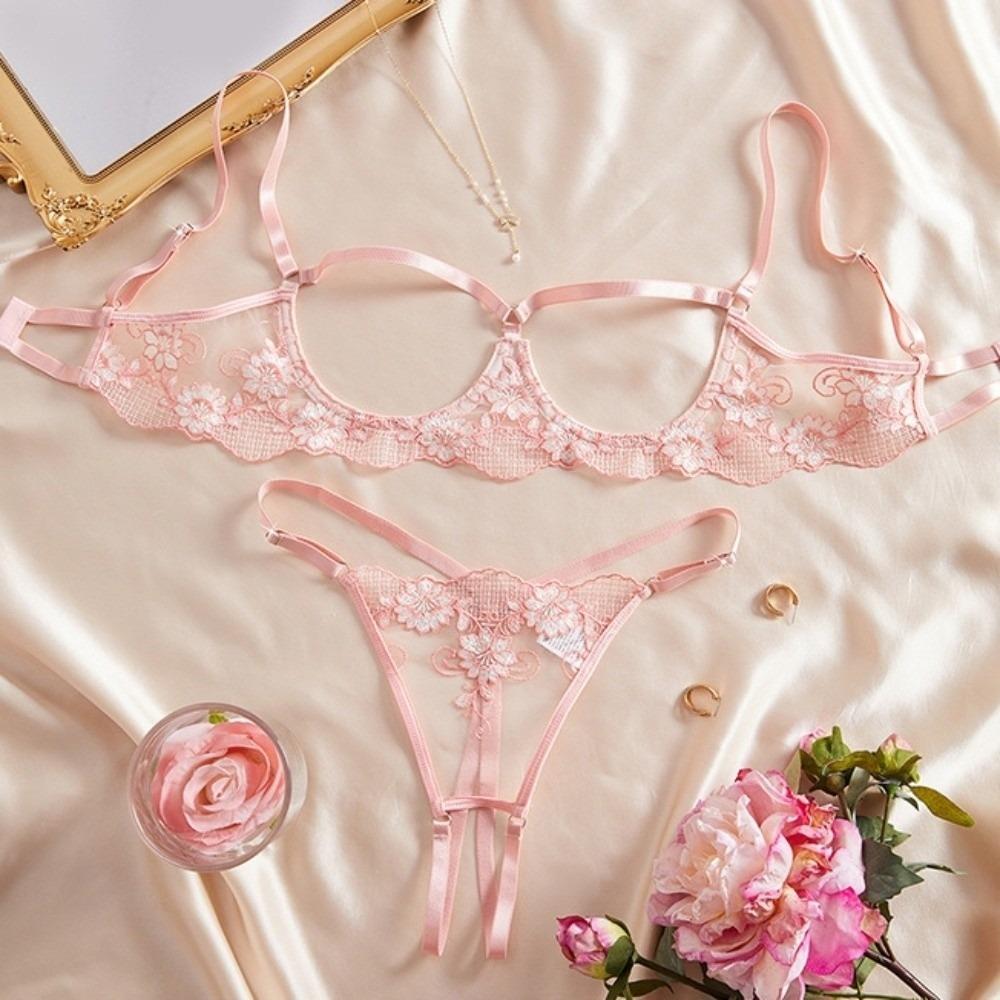 Lace Perspective Lingerie Chest Support Bra Briefs Set T-back Lingerie Suit  Valentine's Day