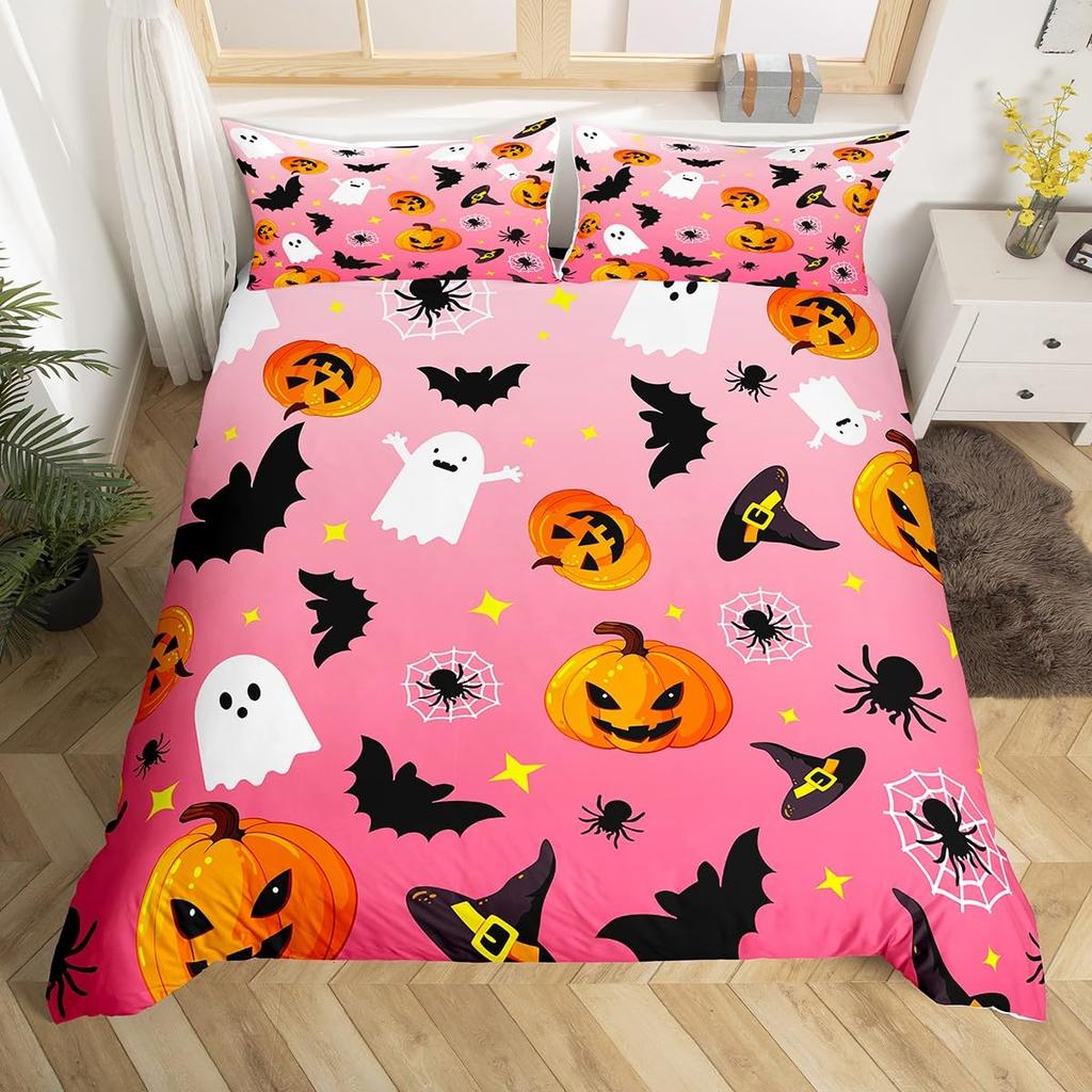 Cute Ghost Duvet Cover Halloween Theme Yellow Bedding Set Pumpkin Lantern Floral Ghosts Comforter Cover Polyester Quilt Cover