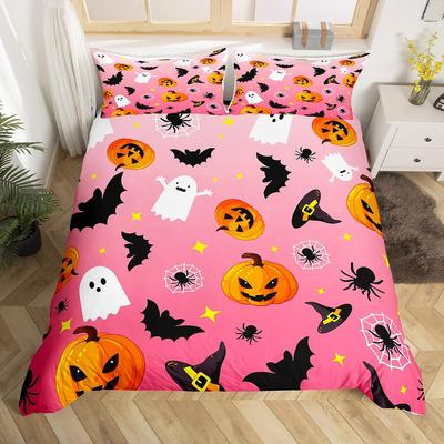 Niedlicher Geister-Bettbezug, Halloween-Motiv, gelbes Bettwäscheset, Kürbis-Laterne, florale Geister, Bettbezug aus Polyester