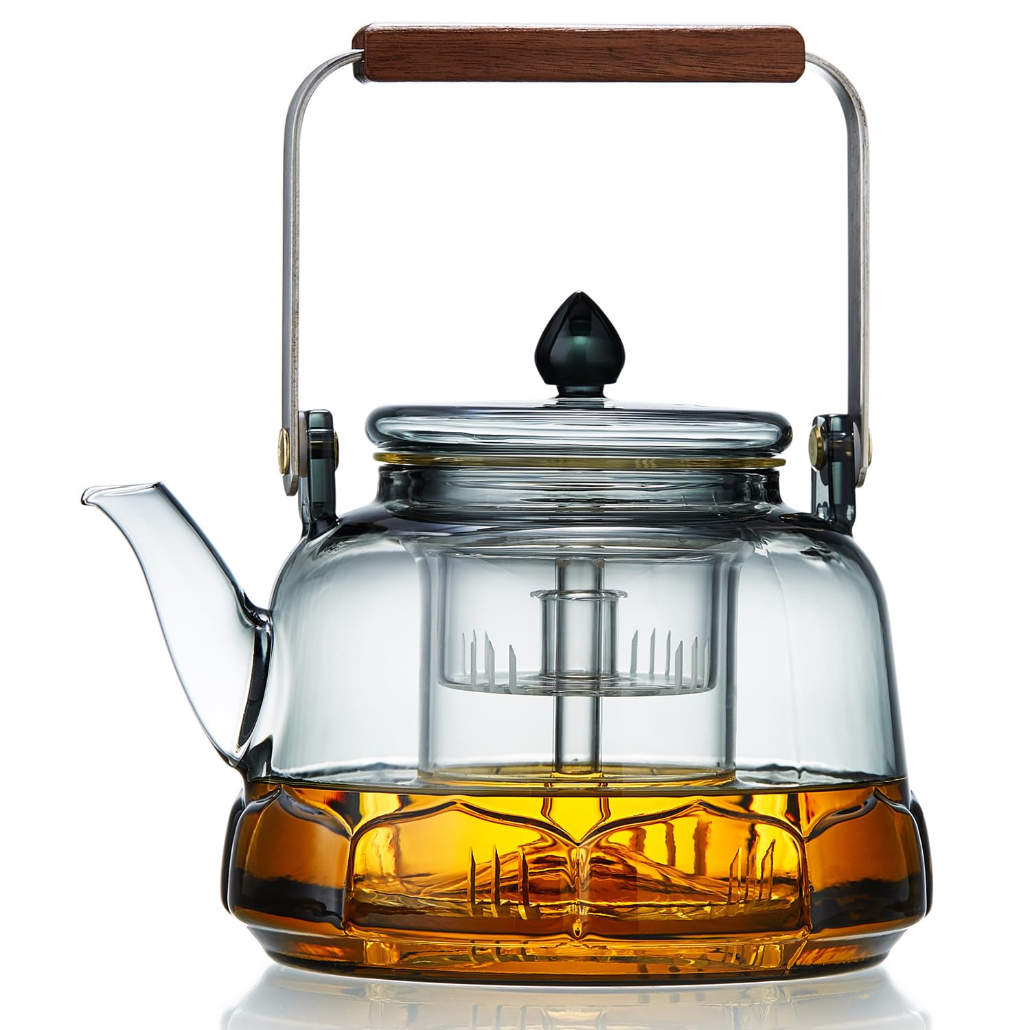 

Pokaro Tea Heat-Resistant Glass Teapot, 1060ml, with Two Detachable Strainers, for Steaming and Brewing Tea Leaves, Ink-Colored Design with Wooden